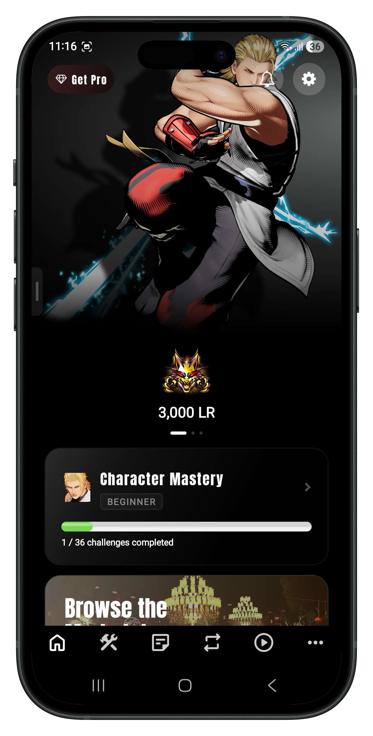 FighterCenter home dashboard showing character mastery and progression